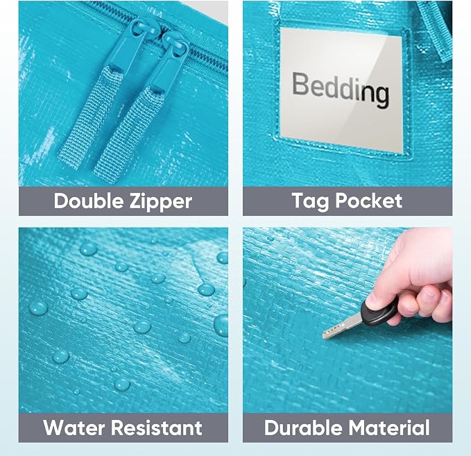 TICONN 4 Pack Extra Large Moving Bags Heavy Duty with Zippers & Carrying Handles, Durable Storage Bags Moving Boxes for Closet Organizers and Storage (4 Pack, Aqua)