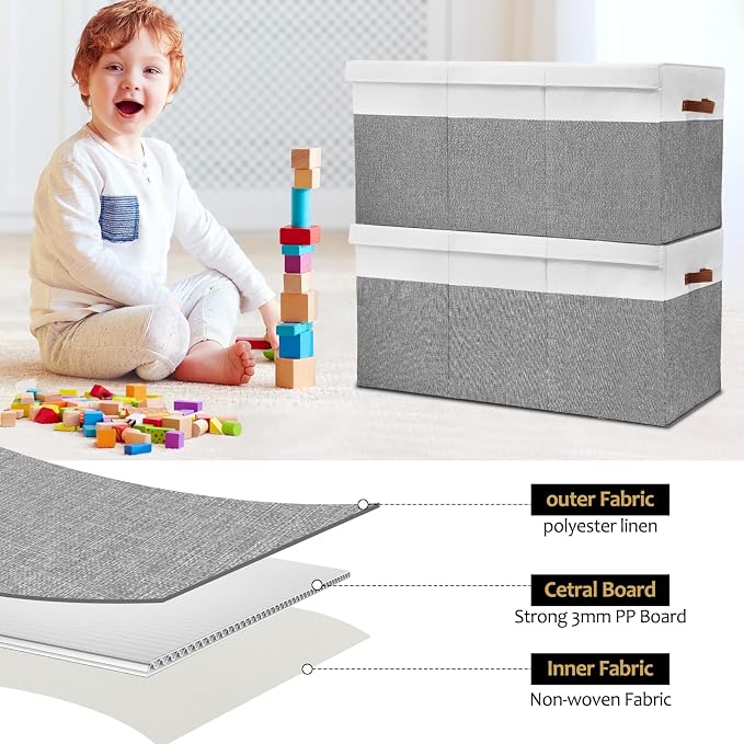 Extra Large Toy Storage Box with Lid,Toy Chest Bin Basket with Dividers | Sturdy Toy Organizer Bin for Kids, Boys, Girls, Nursery, Closet, Bedroom, Playroom 35.5"x17" x17"(Grey and White)