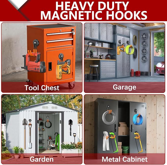 3-H Heavy Duty Magnetic Hooks, Large Magnet Hooks,2 Pack Orange | No-Drill Tool Holder for Garage,Power Drill,Garden Tools,Hose Storage