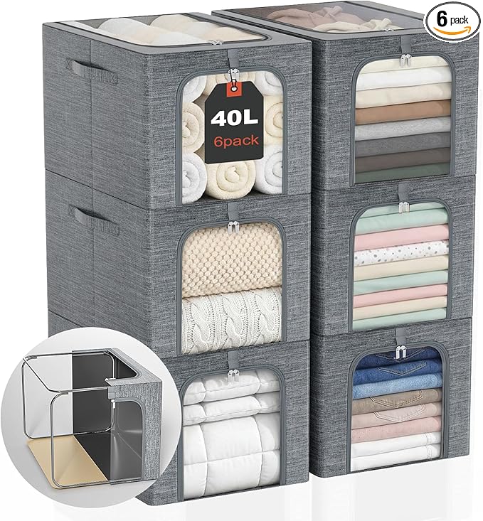 GoMaihe Clothes Storage Bins with Metal Frame for Closet, 40L 6-Pack Grey | Sweaters Hoodies Jeans T-Shirt, Closet Top Shelf Organizer, Steel Frame Collapse-Proof, Stackable, Clear Window, Dual Access