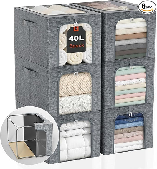 GoMaihe Clothes Storage Bins with Metal Frame for Closet, 40L 6-Pack Grey | Sweaters Hoodies Jeans T-Shirt, Closet Top Shelf Organizer, Steel Frame Collapse-Proof, Stackable, Clear Window, Dual Access