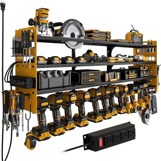Power Tool Organizer Wall Mount, 12-Drill 4-Tier Charging Station, Yellow | Heavy-duty 4-Tier Metal Rack Stores 12 Drills; Side Pegboards and Screwdriver Slots Add Storage, Plus a 4-Outlet Power Strip