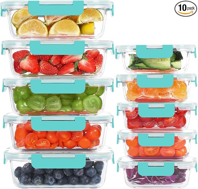 10 Pack Glass Food Storage Containers with Lids, Green | Meal Prep Containers Set, Airtight Glass Lunch Boxes, BPA-Free, Freezer, Oven, and Microwave Safe