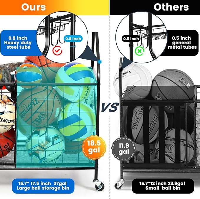Kinghouse Sport Equipment Organizer for Garage, Steel Basketball Rack with Bat Holder and Hooks, Easy Assembly Storage for Balls, Kids' Toys, Workout Gear, Home Gym, Outdoor