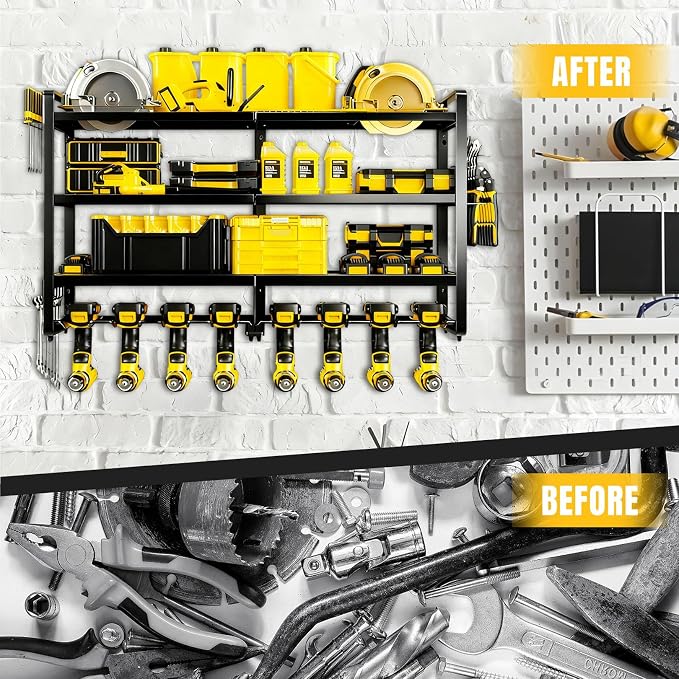 Heavy Duty 4-Tier Wall Mount Tool Rack, 8-Drill Holder & Charging Station, 400lb Load Shelf for Garage Workshop Organization