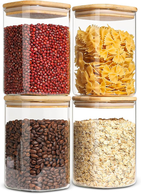 ComSaf Square Glass Containers With Lids 1.2 Qt, Set of 4 Pantry Galss Jars | Kitchen Glass Pantry Storage Containers, Storage Canisters, Silicone Seal, Dry Food, Cookie, Flour, Spice, Coffee, BPA Free