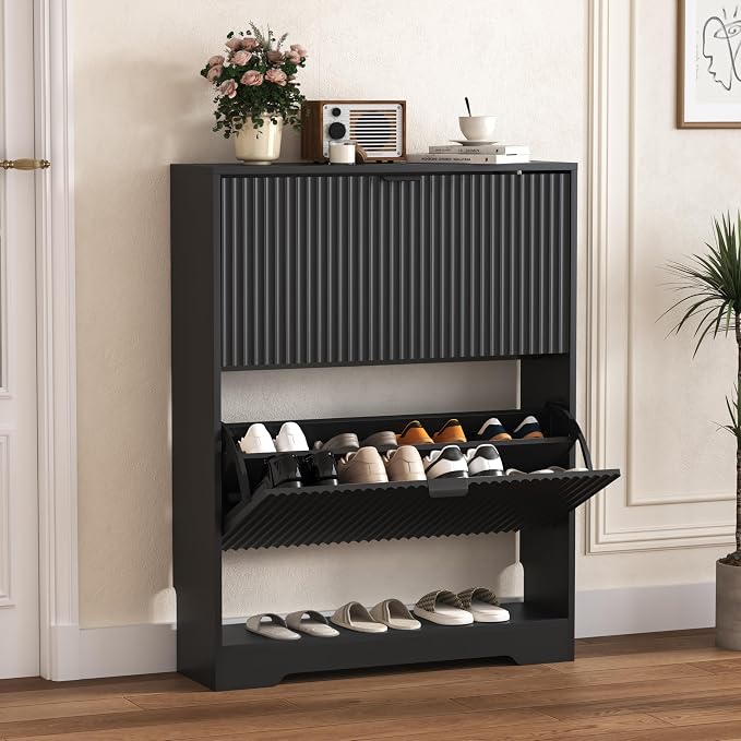 HUANLEGO Shoe Cabinet Storage for Entryway with 2 Flip Drawers, Black Fluted Shoe Cabinet with Open Storage, Wooden Hidden Shoe Rack Freestanding Narrow Slim Shoes Organizer for Hallway, Entrance