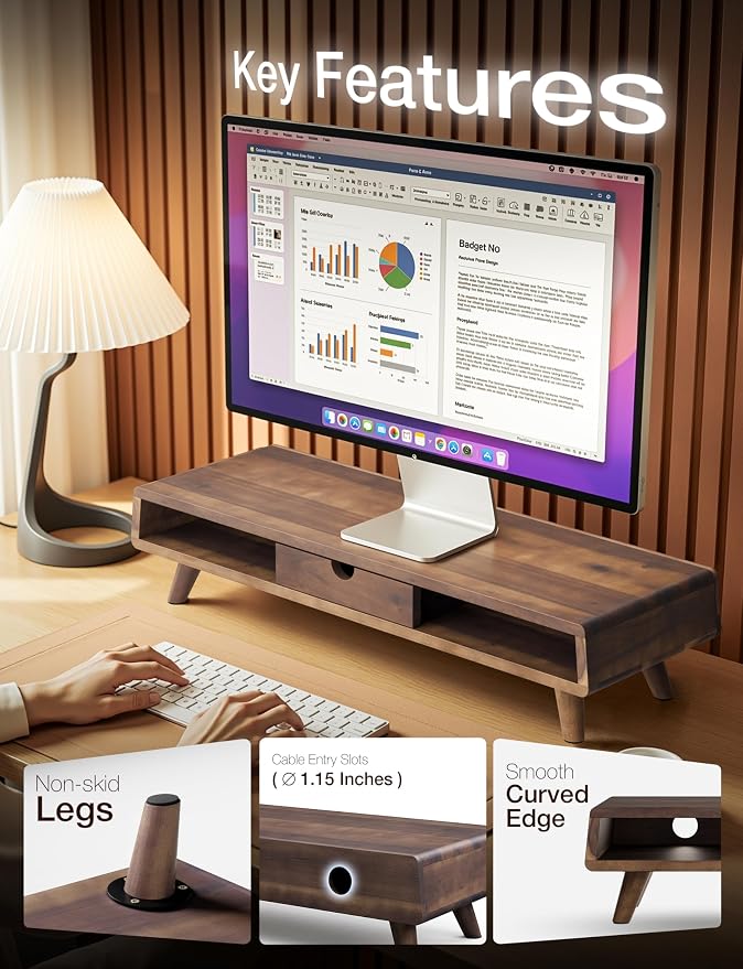 TINAMO Acacia Wood Monitor Stand with Drawer - Wooden Monitor Riser for Desk - Computer Monitor Stand for Desk - Multi-Purpose Desktop Storage Stand for Computer; Laptop; Printer; TV - 24.4 " x 8" x 5" (Walnut color) (Patented)
