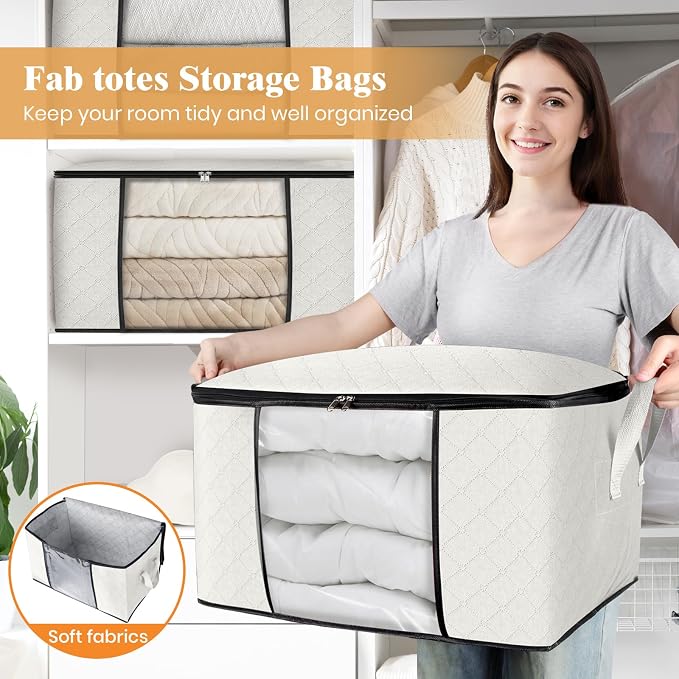 Fab totes 8 Pack Clothes Storage, Foldable Thick Fabric Blanket Storage Bags, Containers for Organizing Bedroom, Closet, Clothing, Comforter, Organization with Handle,Ivory White