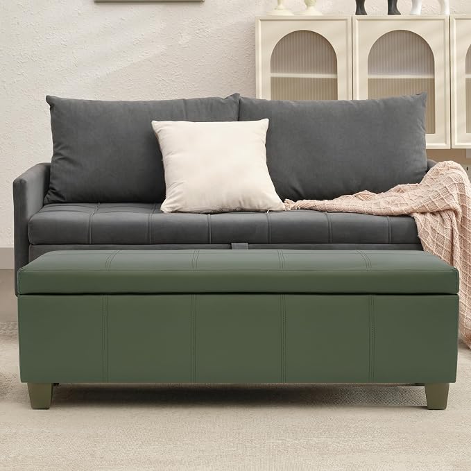 51 Inch Storage Ottoman, Storage Bench with Safety Hinge, Upholstered Synthetic Leather Ottoman Bench for Bedroom, Living Room, Entryway, Hallway, Foot Rest, Support 500lbs