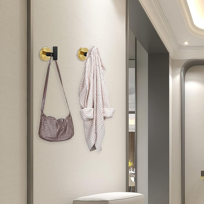 4 Pack Robe Towel Hooks Coat Black Gold Wall Hook Stainless Steel Heavy Duty Door Hanger Towel Robe Clothes Cabinet Closet Sponges Hook for Bathroom Bedroom Kitchen Hotel Pool
