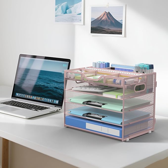Docnest 5 Tier Mesh Desk Organizer with Removable Tray&Pen Holder, Pink | Features 3 detachable pen holders and 4 removable dividers.Versatile mesh desktop storage for mail, document,office supplie