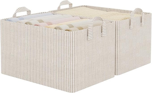 StorageWorks Storage Bins, Fabric Storage Bins for Shelves, Extra Large Storage Baskets with Metal Frame, Closet Baskets and Bins with Handles, Jumbo, Khaki and Beige Stripes, 2-Pack