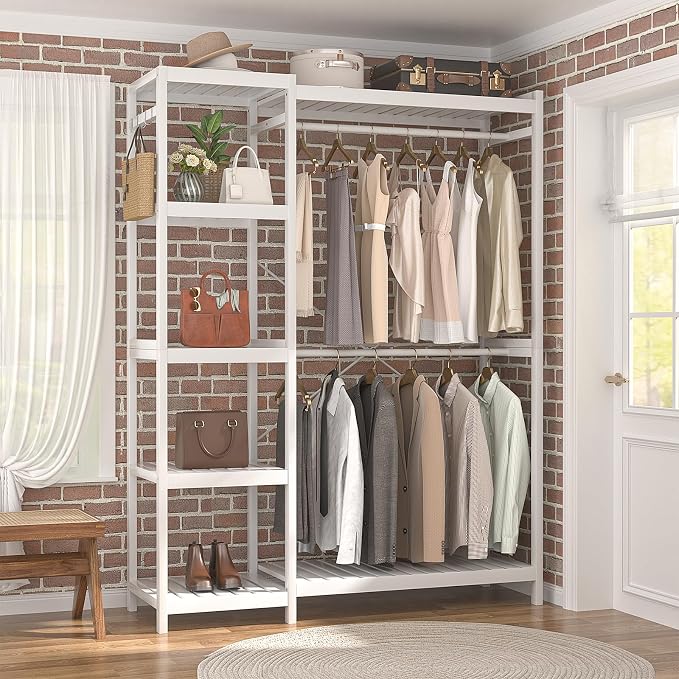 Bamboo Clothes Rack Garment Rack for Hanging Clothes, Heavy Duty Clothing Rack with 7 Tiers Adjustable Shelves, Double Rods, 4 Hooks, Freestanding Closet System Organizer Wardrobe, White