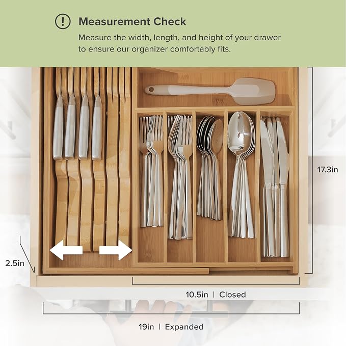 KitchenEdge Silverware & Utensil Drawer Organizer, 10.5-19 in, Bamboo | Cutlery, flatware, food-safe contract grade, kitchen drawer fit