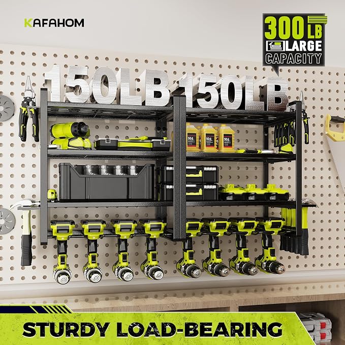 Power Tool Organizer, 8 Drill Holder Wall Mount, 4 Layers Garage Tool Organizers and Storage Rack, Tool Shelf with Screwdriver/Plier/Hammer Holder