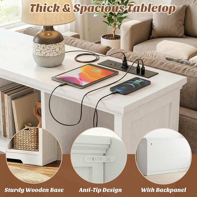 Aheaplus Wooden 8-Cube Storage Organizer with Charging Ports, Modern Cube Bookcase with Base, 3-Tier Floor Standing Open Cubbies Bookshelf, Cubicle Display Shelf for Home and Office, White