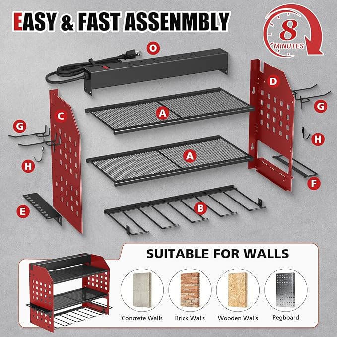 SUNALLY Power Tool Organizer Wall Mount with Charging Station,3 Layer, Red | Metal Tool Storage Rack with 4 Drill Holders, Heavy Duty Power Tool Shelf for Garage,Warehouse,Workshop, Gift for Men,Husband