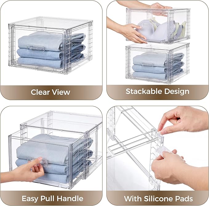 Vtopmart 2 Pack Clear Stackable Storage Drawers 15QT | Easily Assemble Closet Organizers,Plastic Storage Bins for Bathroom,Cabinet,Kitchen Pantry,Under Sink Organization(Medium)