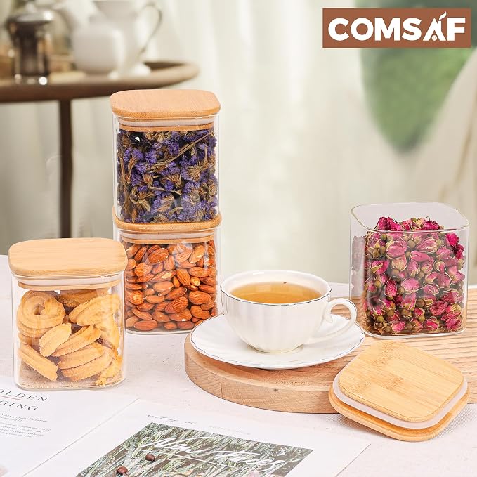 ComSaf Square Glass Containers with Lids 0.7 Qt, Set of 6 Pantry Galss Jars | Glass Storage Containers with Lids, Small Canisters, Spice Jar, Bamboo Lid with Silicone Seal, Size For Subpackage, BPA Free