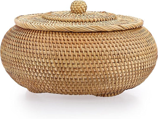 Hipiwe Round Rattan Boxes with Lid Natural Woven Storage Basket Bin Multi-Purpose Wicker Tray Weaving Decorative Shelf Basket Farmhouse Picnic Bread Fruit Table Storage Basket