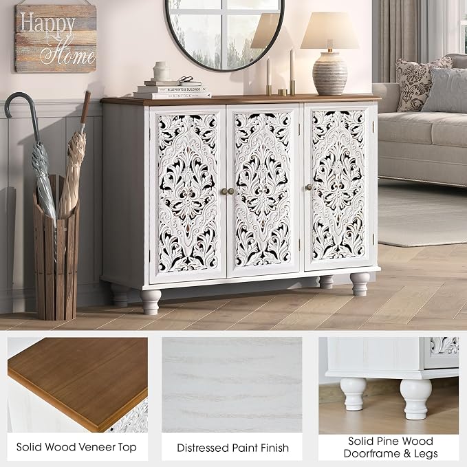 JOINICE 42.5" Accent Storage Cabinet with 3 Carved Doors,Mandala White | Versatile Storage for Living Room & Dining Room & Bedroom & TV Stand, Solid Wood Legs, Boho/Farmhouse/Rustic, Easy Assembly