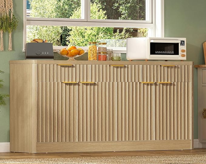 usikey Large Buffet Cabinet with Storage & Drawers, Sideboard Cabinet with 2 Adjustable Shelves & 4 Doors, Coffee Bar Station, Kitchen Storage Cabinets, Natural