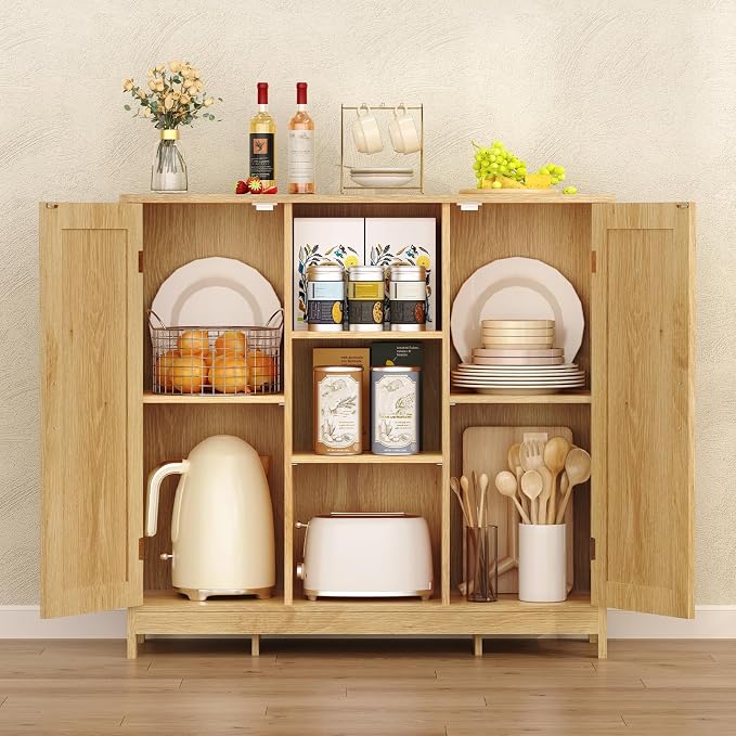 Iwell Rattan Storage Cabinet with 4 Adjustable Shelves, Coffee Bar Cabinet, Sideboard Buffet for Kitchen, Living Room, Entryway, Natural