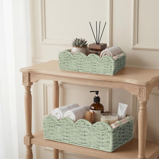 iEGrow Paper Rope Small Storage Baskets for Organizing, Set of 2 Scalloped Edge Wicker Basket with Wooden Handles Toilet Paper Basket for Over Toilet Storage Shelf, Home Decor, Living Room (Green)