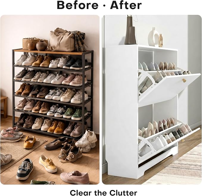 Nicetree Shoe Cabinet with 2 Flip Drawers, Modern Entryway Organizer, White | Narrow Shoe Organizer, Freestanding Shoe Rack Cabinet, Modern Shoe Storage Cabinet for Entryway, Hallway, Foyer, With Hook
