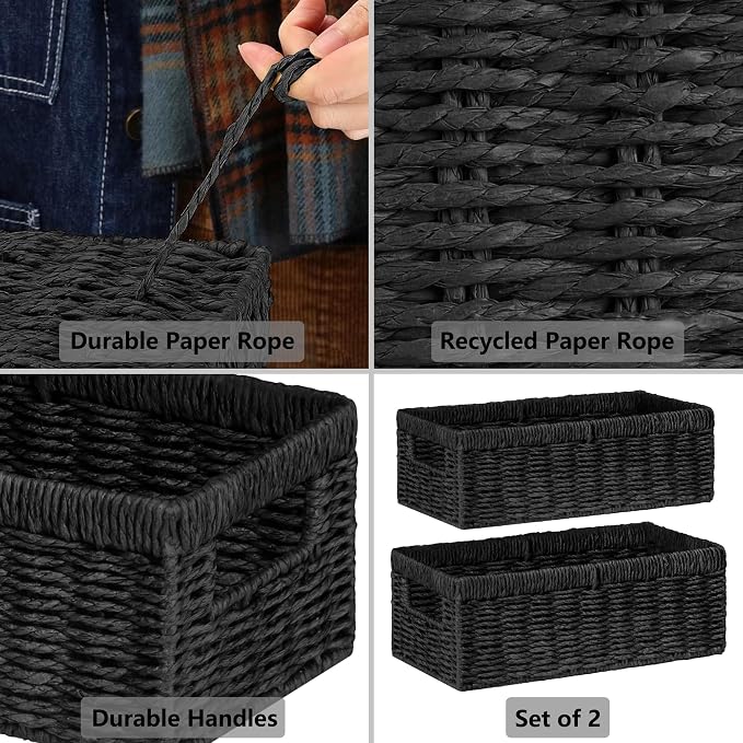 Wicker Storage Basket, Set of 2 Hand-Woven Paper Rope Wicker Baskets for Organizing Decor Storage Bins for Counter Shelves Pantry Basket Small Toilet Paper Basket for Toilet Tank Top, Black