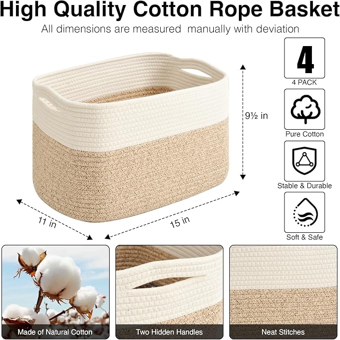 ICERZCZ Storage Baskets for Organizing & Shelves, Woven Cotton Rope Organization Bins for Dog Toys, Clothes, Books, Nursery Organizer, 15"Lx11''Wx9.5''H, (4 Packs) Off White & Brown