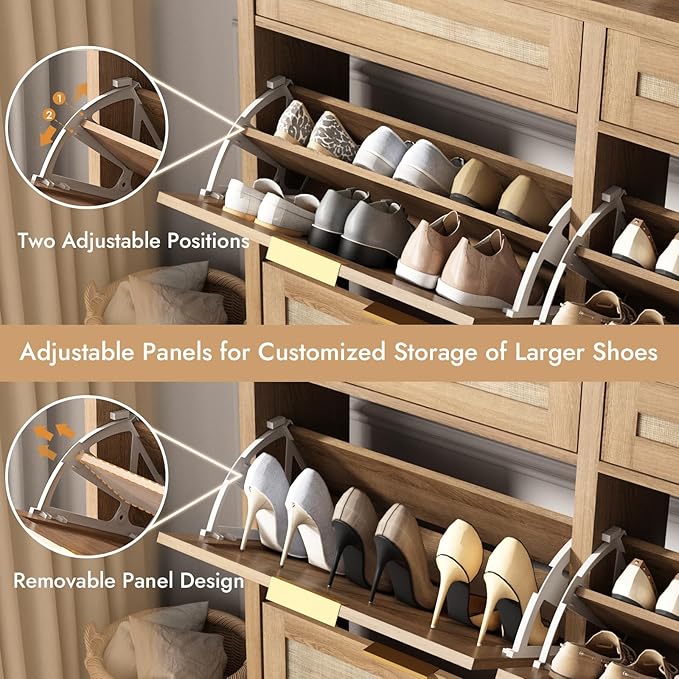 HOKYHOKY Large Rattan Shoe Storage Cabinet with 4 Flip Drawers & 2 Storages | Hidden Slim Shoe Organizer, Farmhouse Boho Narrow Shoe Rack, Large Tabletop Space, Entryway, Rustic Oak