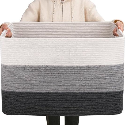OIAHOMY 108L Super Large Blanket Basket, 25”x16”x16” Rectangle Woven Baskets for Storage, Cotton Rope Basket For Living Room, Toy Storage with Handle- Gradient Dark Grey