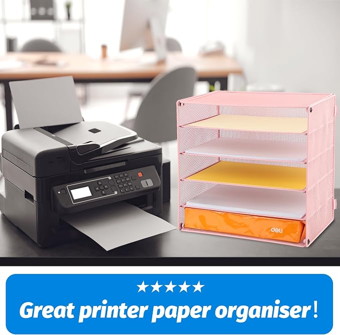 5 Slot Mesh Desk Organizer Tray, File Paper Letter Folder Holder Desktop Paper Sorter Mail Organization Rack Storage Accessories, for Office Home School Classroom, Pink
