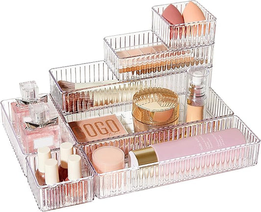 Vtopmart 7 PCS Clear Makeup Drawer Organizers Bins, 4-Size Stackable Makeup and Vanity Organizer Trays, Acrylic Bathroom Storage Containers for Cosmetic, Toiletries, Office Supply, Utensils, Gadgets