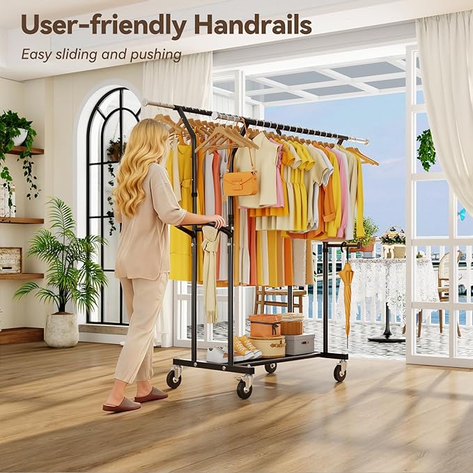 800LBS Heavy Duty Clothes Rack: Rolling Clothing Rack for Hanging Coat Double Rods Portable Wardrobe Garment Racks with Wheels Shelf Sturdy Metal Adjustable Bedroom Laundry Living Room (Brown)