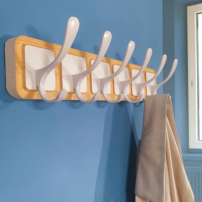 SKOLOO Coat Rack Wall Mount - Scandi-Style Wooden Carved-Block Coat Hook,Pack of 2, Wall Coat Hanger with 6 Hooks for Hanging Coats, Hats, Clothing, Scarfs, Natural & White