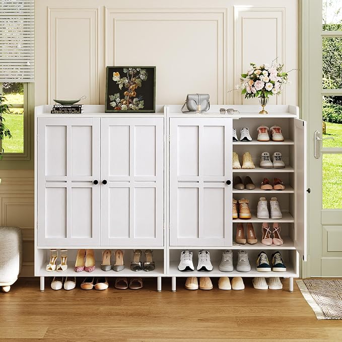 ComfyCorner White 7+1 Tier Farmhouse Shoe Storage Cabinet - 45" Tall Entryway Organizer with Cross Molding Doors, 3 Adjustable Shelves & Metal Legs, Shoe Rack for Front Door Entrance