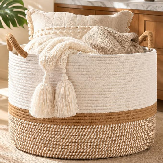 KAKAMAY Large Blanket Basket with Handles, Storage Basket for Living Room | Extra Large Capacity | Blanket Storage | Laundry Basket | Natural Cotton Rope | Stuffed Animal Storage | Woven Storage Basket