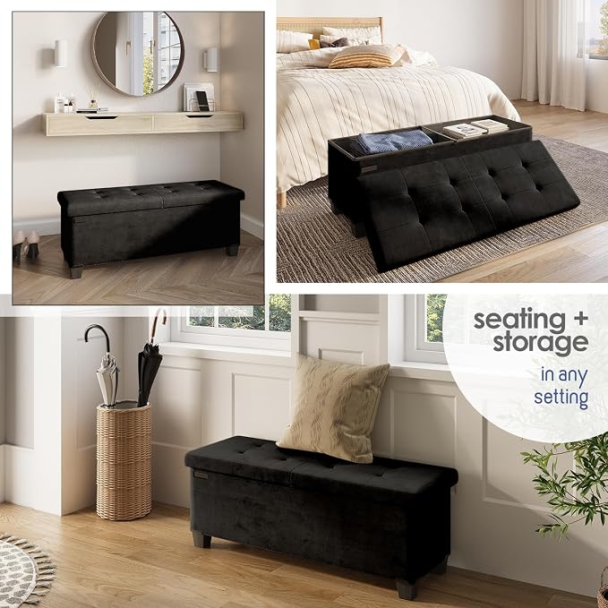 Storage Ottoman Bench with Bins, 43-in Storage Bench for Bedroom End of Bed, Folding Foot Rest Ottoman for Living Room Max 660lbs, Velvet Ottomans, Black