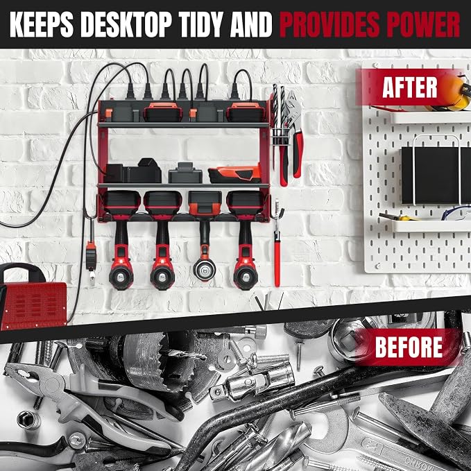 Modular Power Tool Organizer Wall Mount with Charging Station, 3-Layer Heavy Duty Drill Holder Rack & 8-Outlet Power Strip for Garage Workshop Storage