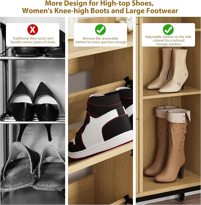 Garvee Shoe Cabinet with 3 Flip Drawers and 4-Tier Shoe Storage Cabinet, Freestanding Shoe Organizer with Adjustable Shelf and Rattan Doors for Entryway, Closet, Hallway