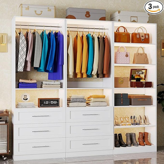 Closet System with 3 Sets, 6-15.8FT Custom Closet Organizer System with 6 Drawers & 8 Shelves & 5 Hanging Rods, Max 189"W Closet Shelving System, Walk in Closet Organizers and Storage System, White