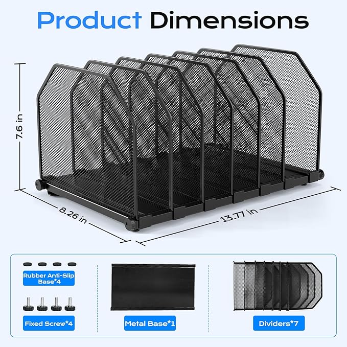 Adjustable File Organizer for Desk, 6 Sections Vertical File Folder Holders | Desktop Binder Organizer, Mesh Desk Organizer Upright File Sorter, Metal File Rack for Home Office Classroom School
