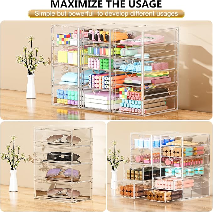 YFXCVSL 3-Pack Acrylic 15-Drawer Storage & Makeup Organizer for Desk | Smooth-glide drawers, clear acrylic, dustproof, waterproof, wipe-clean, for nail polish, essential oils, hair clips