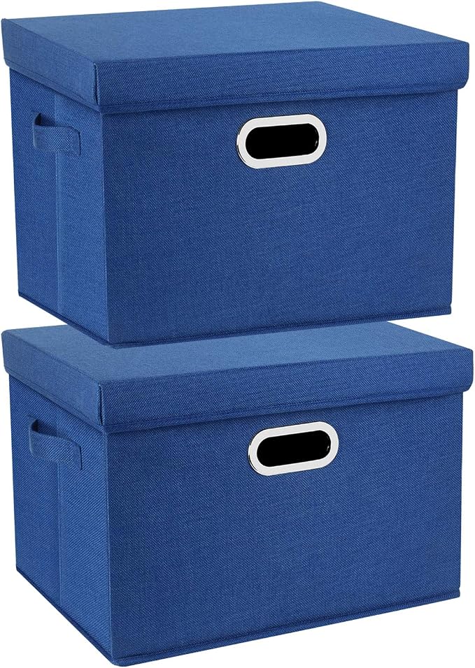 Collapsible Storage Bins With Lids, Large Fabric Storage Boxes - 2 Pack - Classic Blue