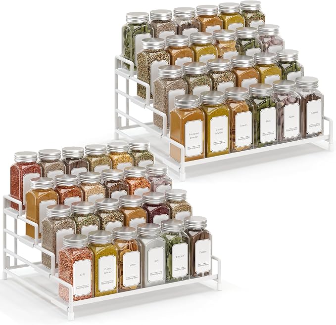 RUILALIFE 4-Tier-Spice-Rack-Organizer-for-Cabinet, Adjustable Depth Spice Holder Shelf For Countertop Pantry Cupboard, Metal Tiered Seasoning Organizer,Display Shelf Riser (White-2 Pack)