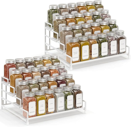 RUILALIFE 4-Tier-Spice-Rack-Organizer-for-Cabinet, Adjustable Depth Spice Holder Shelf For Countertop Pantry Cupboard, Metal Tiered Seasoning Organizer,Display Shelf Riser (White-2 Pack)