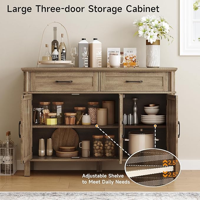 48 Inch Buffet Cabinet with Storage, Farmhouse Sideboard Buffet w/2 Drawers and 3 Doors, Coffee Bar Cabinet with Adjustable Shelves, Sideboard Storage for Kitchen, Living Room, Washed Grey